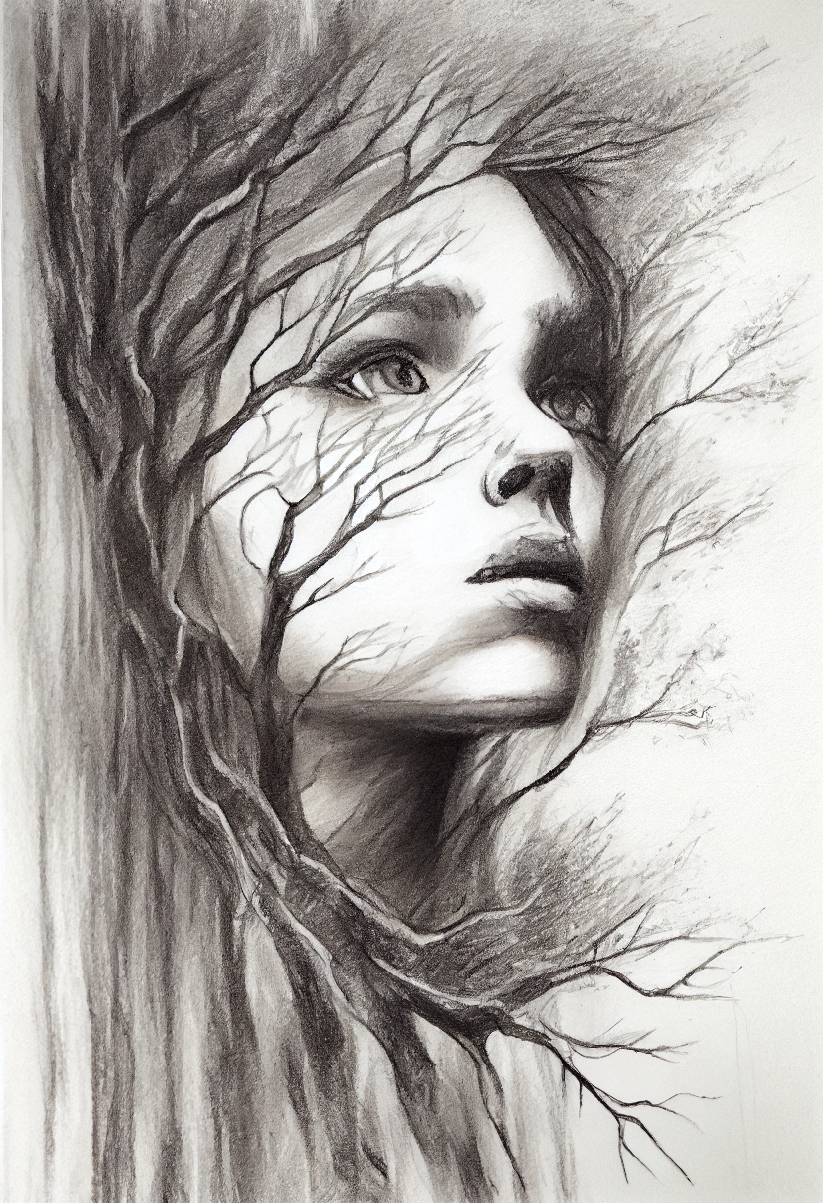 Tree Sprite Pencil Sketch Print: A Captivating Portrait of a Girl Emer